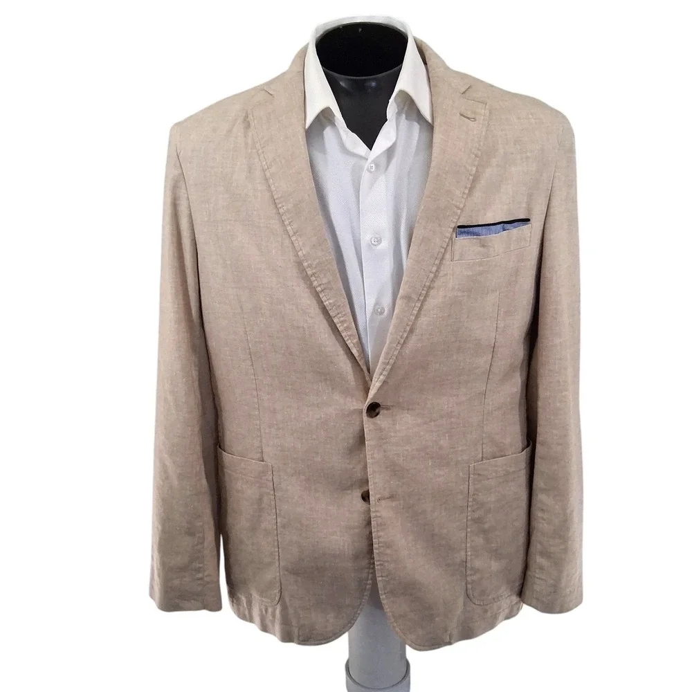 Cremieux Sport Coat Mens Large Tan Linen Blend Elbow Patches Blazer